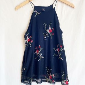 Floral Embroidered Black Mesh Square Neck Tank Top